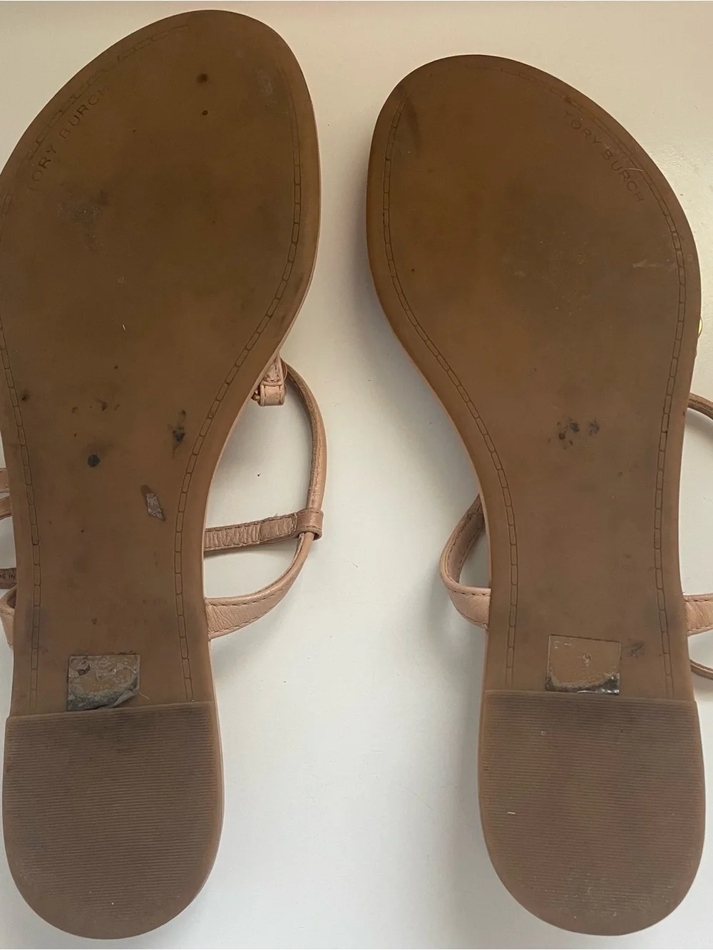 Tory Burch Tan Emmy Flat Leather Logo T-Strap Sandals with Gold Medallions